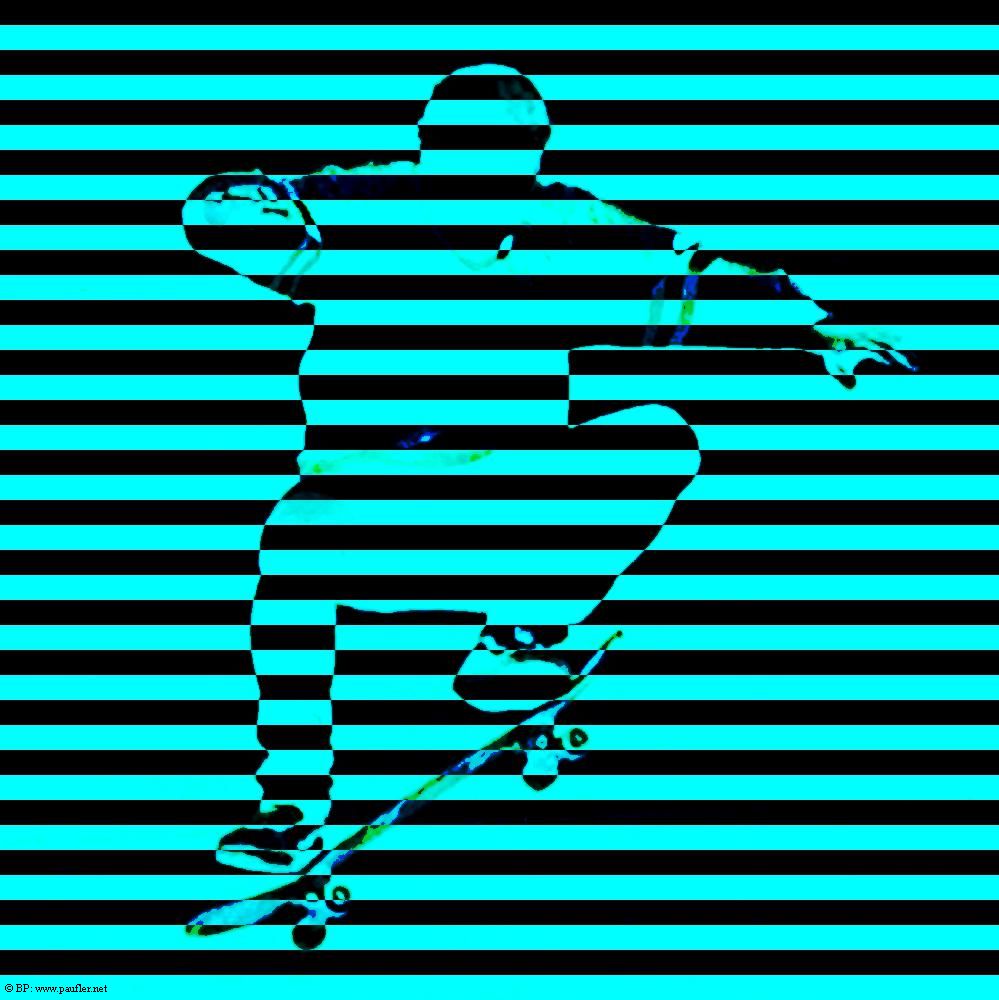 Um, what we have here is graphical art of a skateboarder mid trick, black and cyan (or light blue) stripes, creating modern art effect