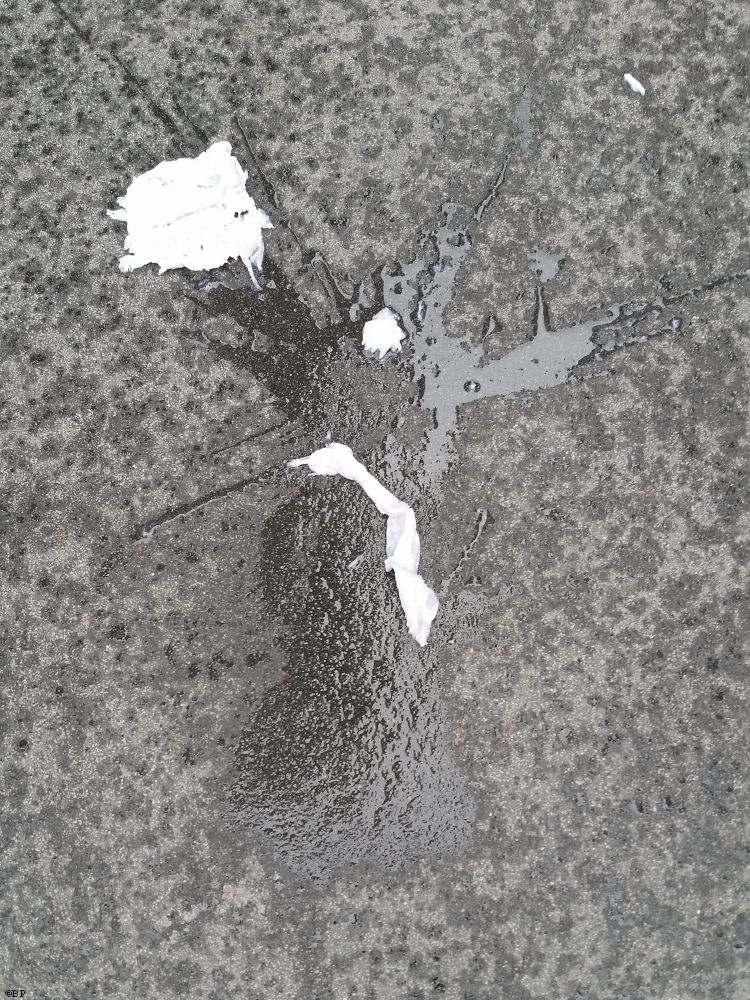 Water, tissue paper, and debri on pavement, creating an interesing image, then again, maybe I do not get out enough, vagely man or ghost shaped watery outline