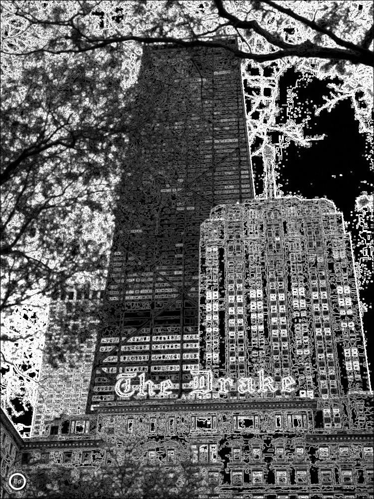 Black White, line edge filter of the exterior skyline of The Drake Hotel, looking in from the lakeside, Hotel Signage is prominent enough towards the bottom in white