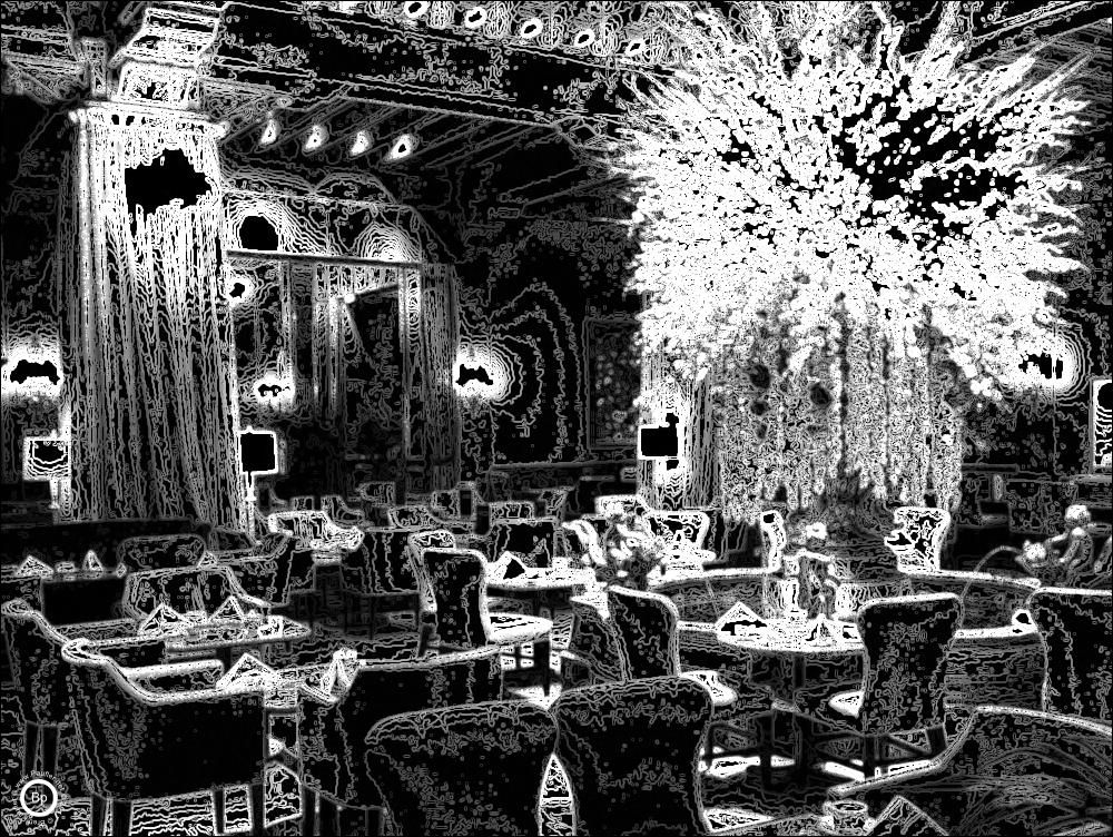 Same filter, the Tea Room, the white fireworks like display toward the right is a flower bouquet and or plant that filled the fountain area, it was quite nice, though not being much of a photographer, I was displeased with the images I achieved, chairs and seating area, it is a nice dining room area, on the day I went, there were roughly six tables occupied, maybe a few more, maybe twenty people in all, if that, with two or three servers