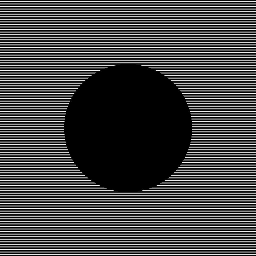 One Giant Black Circle settled over a background of horizontal stripes