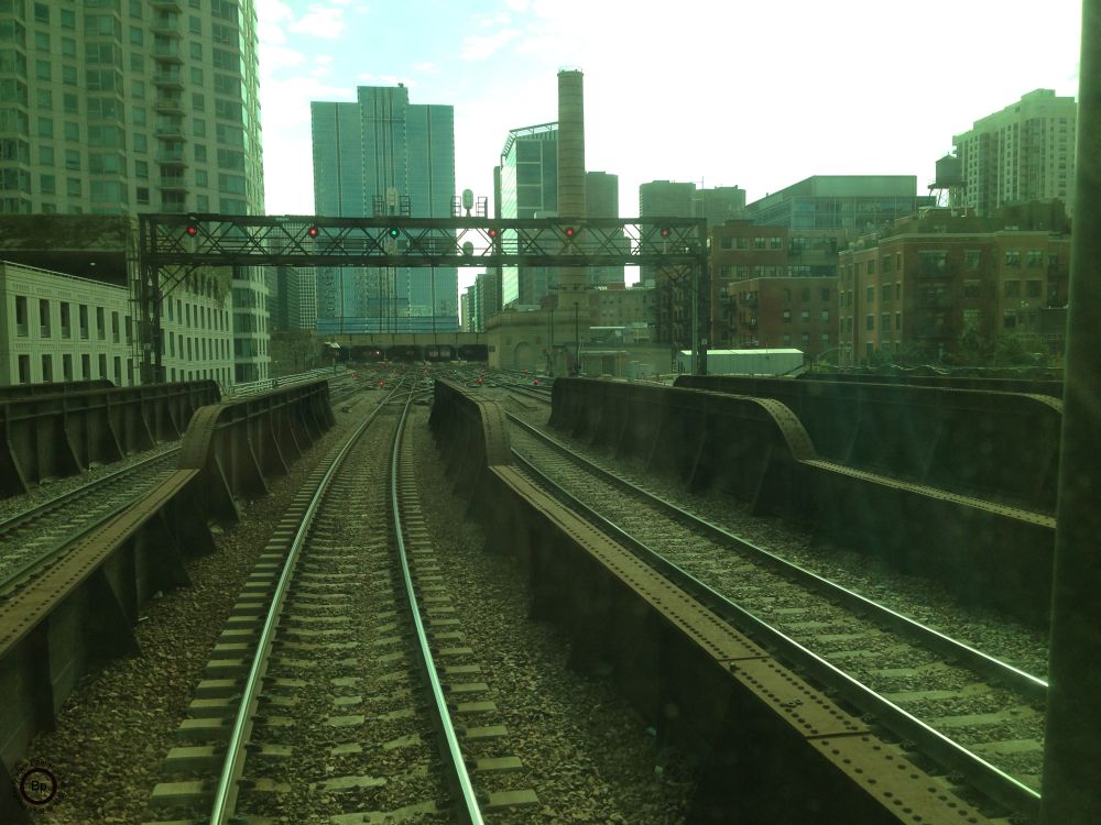 Image of Train Tracks, rails are from a bridge, going into Chicago on the Northwest Line