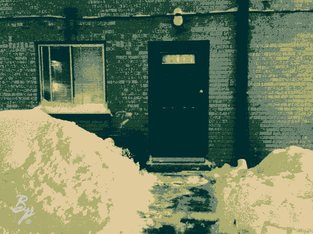 The Front Door (or is it the back) piled high with snow, the best snow in years, using a Posterize (Poster-ize), which reduces the color palette