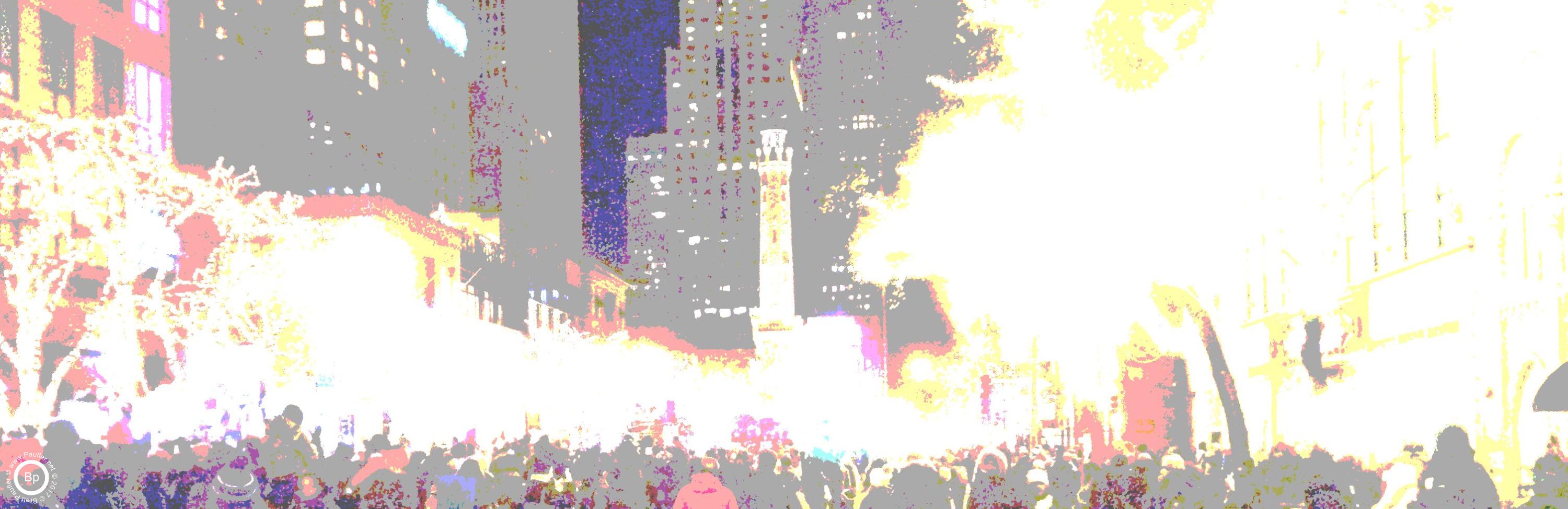 Faded out with a light flood posterize technique, which really just means, the colors are lumped together, as they are shifted towards white, it is night in the big city, so Bright Lights, Big City, would be the term i am searching for below, and this is a view of the crowd and the lights in the tree, all washed out, but nice enough with the buildings in the background, looks a lot warmer than it was, had not gotten the cold weather gear in place as of yet, for the locals, likely nice and warm, the glove wearing fools