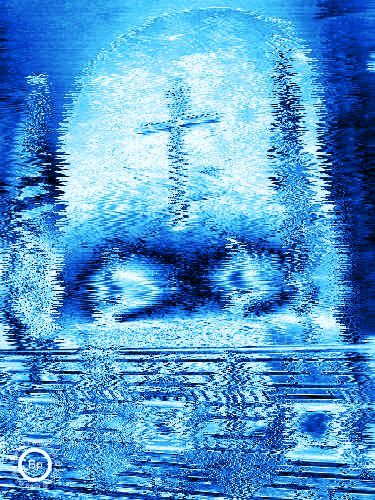 Blue Circling Fuzz Effect Image of Cemetery Chapel with lights and Cross on Altar