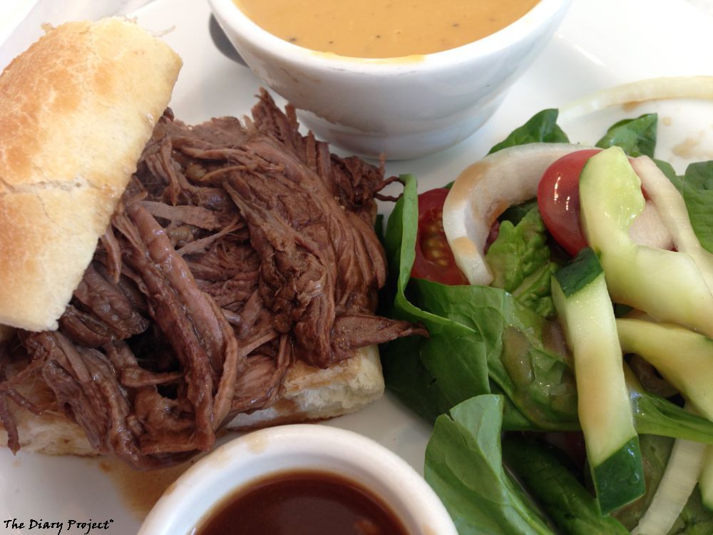 Pot Roast Sandwich, Cream of Butternut Squash Soup, Salad du Juor, os something and a bowl of broth, a very delightful meal, very