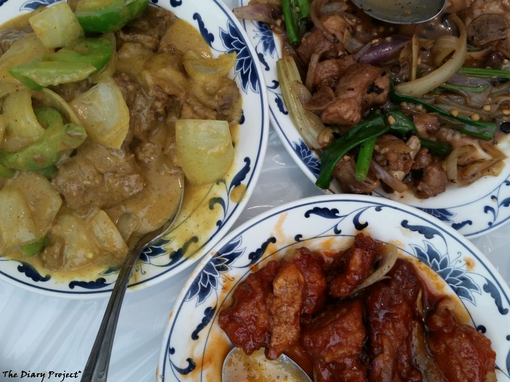 The three main dishes, curry chicken, I think, some kind of stir fry, probably beef, and deep fried pork, it was good, not great, just another Chinese restaurant