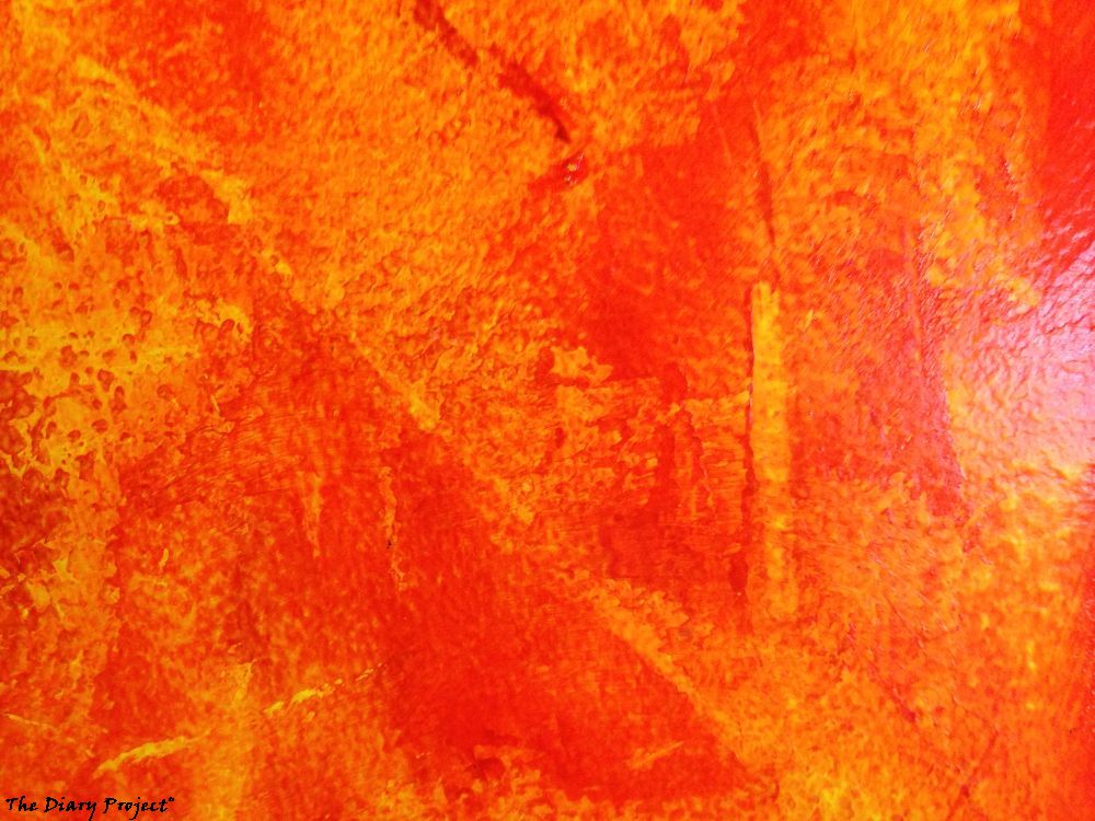 Orange abstract art, wall covering, ambience painting, which at a distance came out sort of flame like, but close up like this, is just a detail of color