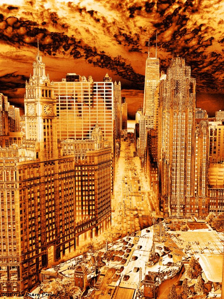 Magnificent Mile Gold Tone image of the Magnificent Mile, looking from the Cliff Hangers Club or Athletic Club or similar, way up in the sky, Sears Building in the background, Wrigley getting worked on in the foreground, I forget the name of the Clock Tower, but they have got a Bar up there, the river would be right below, so cut off, the scaffolding sort of detracts from the clean lines of the photo, but one works with what they have