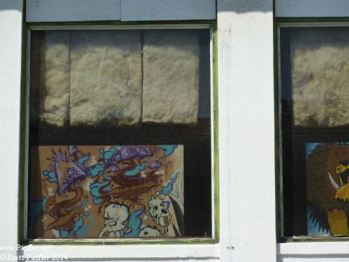 Honolulu, ChinaTown - Wu Fat Building - Detail Second Floor Window with Art Showing Through - Abstract