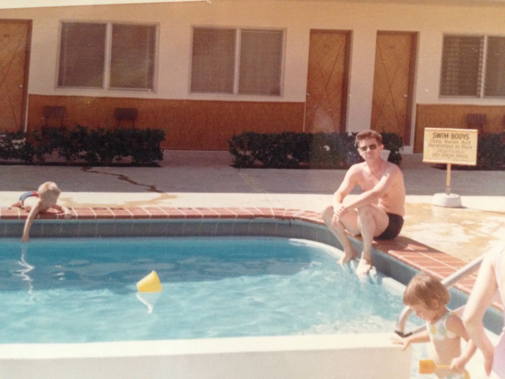 dad in a pool, family vacation, I guess he got two weeks off a year, maybe more, work was easy, a joke in some ways, but two weeks off, at least, and there was a yearly trip, odd how one thinks of these things, the workbench in the basement was functional for a decade tops, thats how long life lasted for him in that house, and vacations, maybe started when I was three and ended like much of family life at thirteen, but even before, as there were summer camps that largely replaced the family outings, separate camps, going our separate ways, and that started for me at nine, but the others sooner, so maybe only five years of vacations, they were good vacations, this one by the pool, end of the day