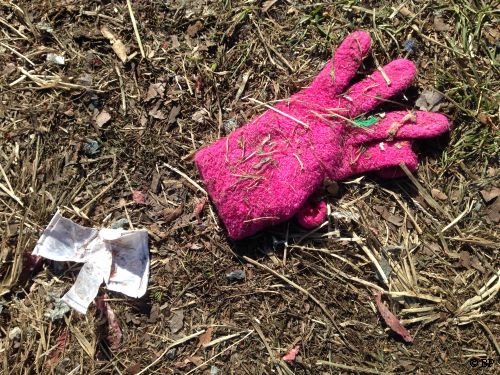 pink glove next to scrap of pater, from a photographic standpoint, it is these added content pictures which are of interest
