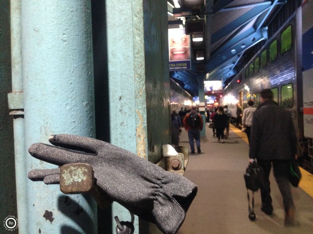 here is a glove at the train station, it is my experience that no one ever claims these items, they last for days and days and days, all winter long, sometimes