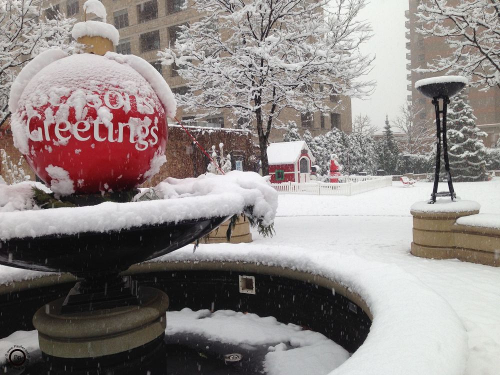 Main downtown area, water fountain turned off for the winter, a giant ornament, taking its place