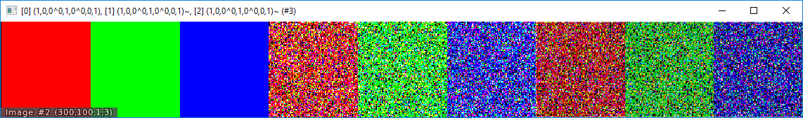 We have the output of the above command, three sets of Red, Green, Blue bands, with the first set being solid color, the later two sets, so later six color bands, being speckled with static