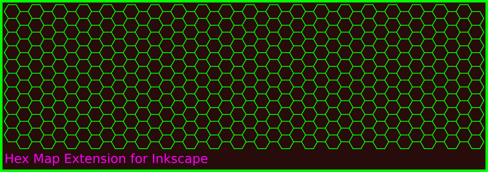 A sample image for the Inkscape Hexmap Extension, it makes Hex Maps and not much more, this one is green gridded on a black background, with a green border and Lavender Copy stating that it is the Hexmap Extension for Inkscape