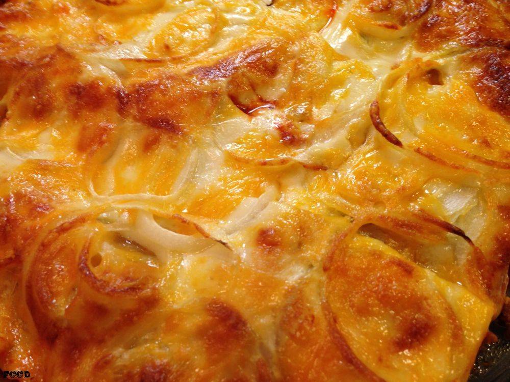 Top down view of a cooked lasagna, this recipe had sliced onions and a bit of cheddar cheese in the top layer, cooked to a golden brown