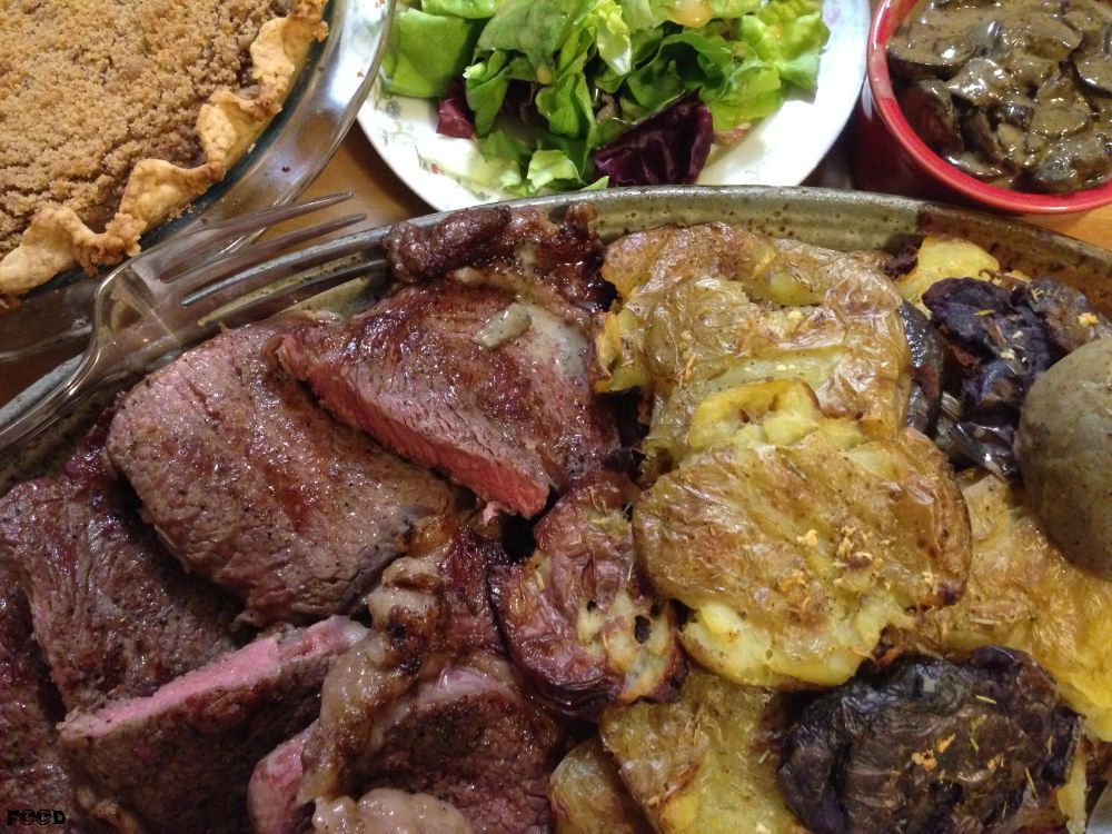 Turkey or steak, I will pick steak every time, this was a wonderful thanksgiving dinner, complete with smashed potatoes, sort of like whole potato french fries, mushroom gravy, salad, and sho fly pie, which was a pleasure to have made for me, but not as deliciously sweet as I would have hoped, so sort of like carbs without the benefit of any decadency