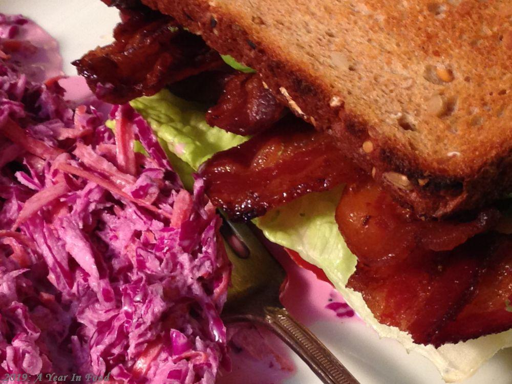 red cabbage cole slaw and a BLT Sandwich, which stands for Bacon Lettuce and Tomato, but we are all hoping you already knew that