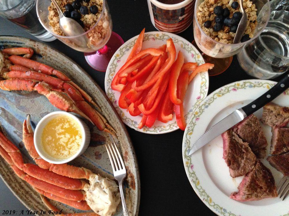 lobster, steak, red peppers, yogurt with blueberries and granola, hot chocolate, water, I mostly ate the steak, which is to say, I did not bother with the crab, at all