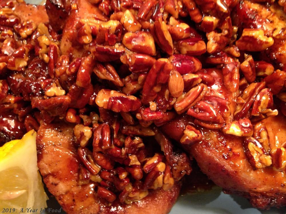 Golden Honey covered Pork Chops with Caramelized (or Honey-ized) Pecans on Top