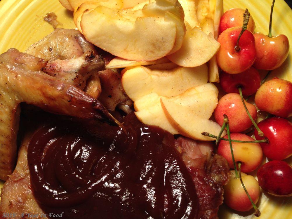 Ribs, Wings, Cherries, and apple slices, with a healthy dosing of sauce