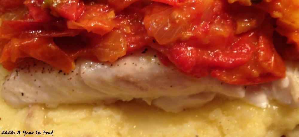 Halibut with Tomato Garnish on a Bed of Mashed Potatoes
