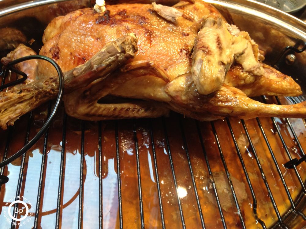 roast duck all finished and delicious looking, in pan with glisting grease, empy in foreground is where another duck was