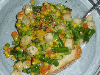 What the heck is this, mixed vegetables over bread, ah, scallops, just barely recognized it before reading caption, probably a total waste of the scallops, not eating scallops much theese days, price is going through the roof