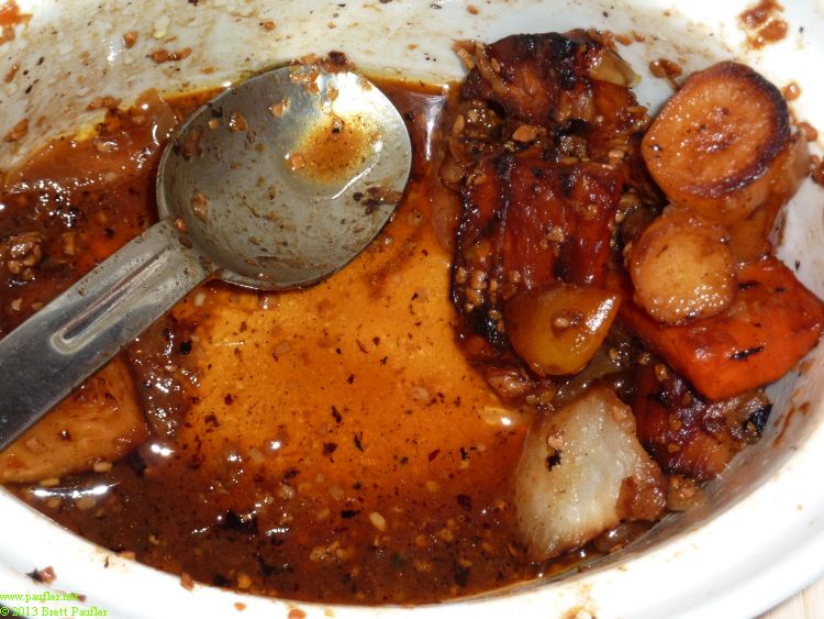 In a caserole dish, at the end of the meal, bowl, spoon, dregs of the stew, this stuff really was great, very thick, very dense, lots of flavour layers