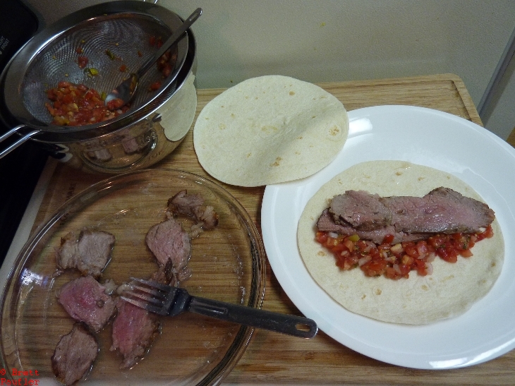 Salsa being drained in a strainer, being the most interesting part of this image, ingredients for burritos laid out again, it looks good at this remove, comments on 3-12 and likely 3-13-16 as I am losing steam, yeah, so tired, just rewrote the last alt comment rather than moving on to a new one, time to save a backup... and quit for the day