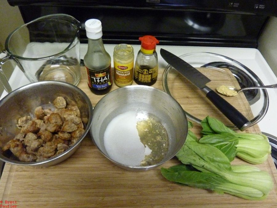 Bok Choy, sausage, ingredient shot, fish sauce, mustard chinese, soy sauce, ah, yes, that stuff in the bowl is sausage juice