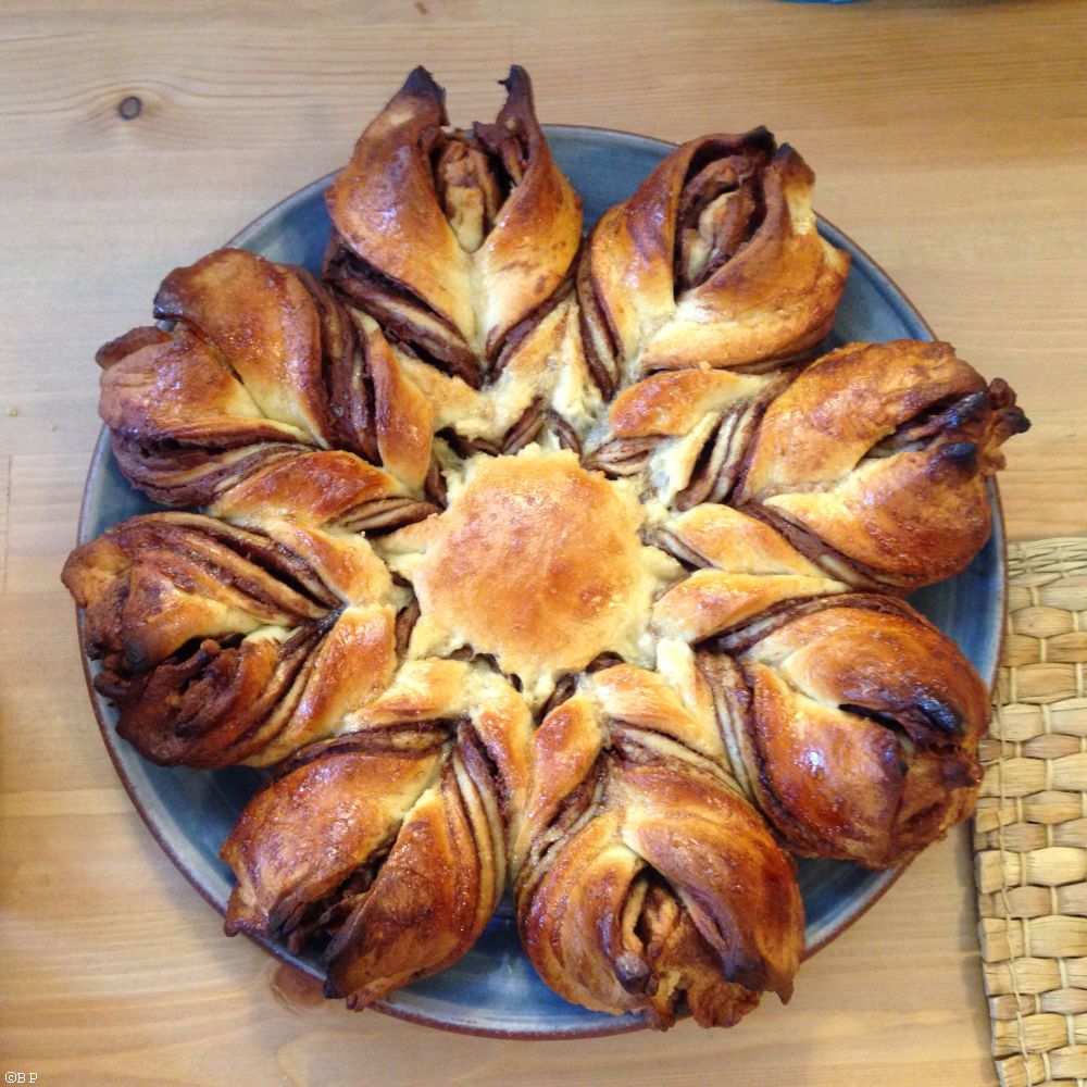 Bread dough, so not pastry as I would have liked, twisted into an eight pointed star, which looks fantastic, stuffed with chocolate, but turned out a bit dry, too bread like, go figure