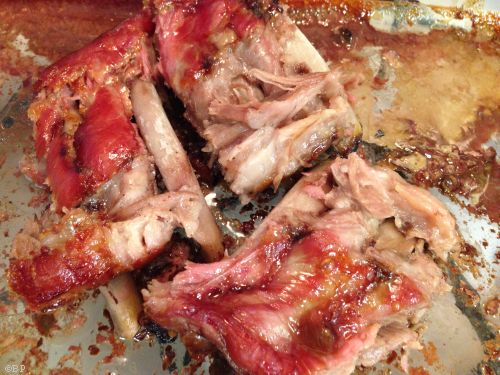 Cooked ribs in a glass dish, seriously, the only thing easier than ribs is chicken and I am not even certain of that, it is heat and time, ovens may differ, check this, check that, get off my back and do your own homework as to cooking times
