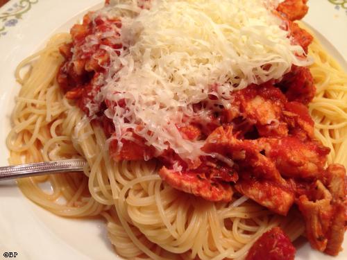 Canned Pork, sliced pork, red peppers, noodles, and Parmesian, some very easy and very tasty pasta