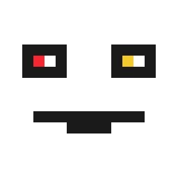 It is a simple face with one red and one yellow eye both looking to your left