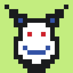 On a light green background, an antenna eared creature, red eyes, blue mouth, rather happy and pleasing