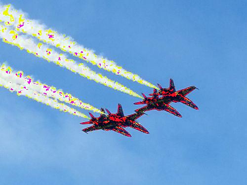 Jet Fighters, the next three slides, all the same shot, the only difference is the filter, a primary color shift filter that picks up the contrails better