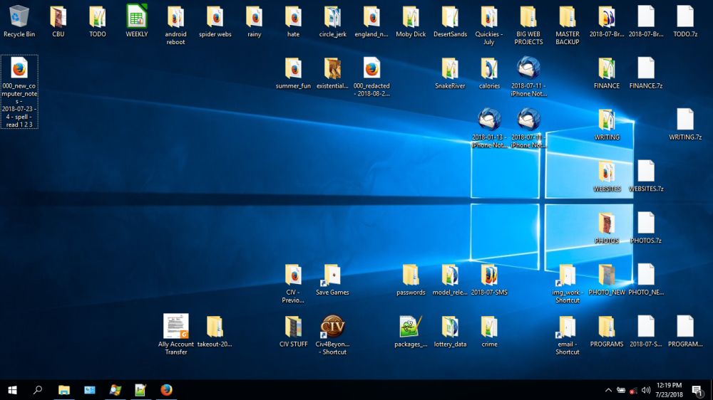A screen shot of my current desktop, default screensaver, folders arranged on my desktop as I find convenient, major projects in progress across the time, holding on the bottom, this file, down the left side below trash, major file directories to the right, stacked vertically, with 7z backups beside, someday I will do a post on my directory hierarchy