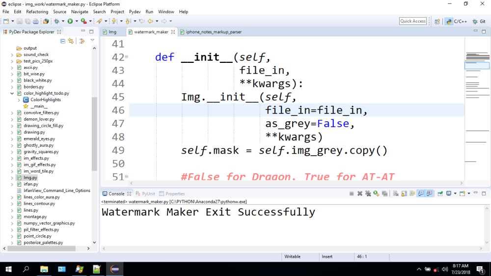 Screenshot of Eclipse running Pydev, with 24pt font, at one time, I did not care about 80 characters on a line for code and routinely went up to 100 or 120 or as wide as my screen would go, and now I use a much larger font size and about sixty characters is how many I can fit on a screen, so that is what I aim for