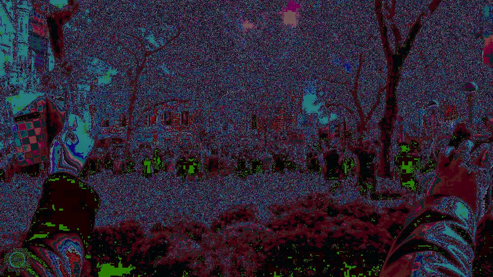 It is from this vantage, this and the next image are the same, different filter, this is by the Water Tower, back by where the horses are, or halfway through the park, line of people by the street ten deep, a fenced off planting area, and then, a thiner crowd, me behind two others, purple