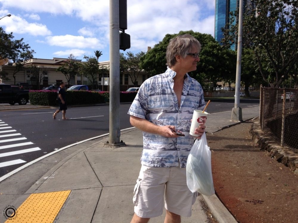 Same shirt as above, Hononulu street corner, me and a fine young gentleman were discussing the pros and cons of almost running me over, I was taking the con side, he the pro, I do not know who scored the highest, the story is likely chronicalled elsewhere as Anger Mode, or not, it does not make a difference, I doubt those who are to blame for quote accidents pay an appropriate penalty