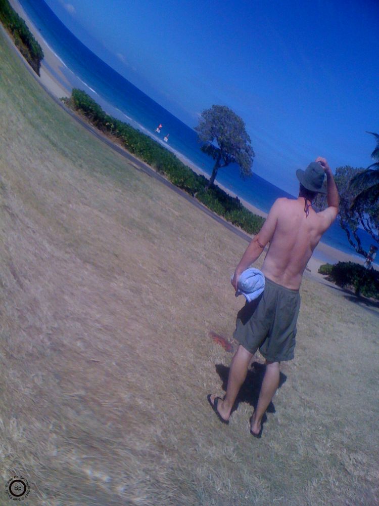 On Hapuna Beach on the Big Island, looking out to sea, a calm beach, very walkable, not a surfing spot at all, not that this stops kids from trying or using boogie boards