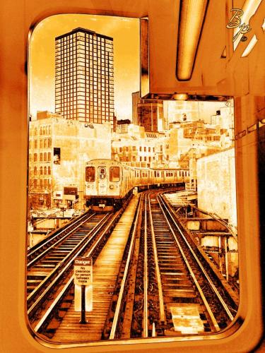 I used The Gold Tone Filter of which I am quite fond on a base image of The L-Train in Chicago, looking out the front window, tracks in foreground, another train approaching mid-ground, with a sky scraper bringing up the rear, framed by the front window of the L-Train Car in which I rode