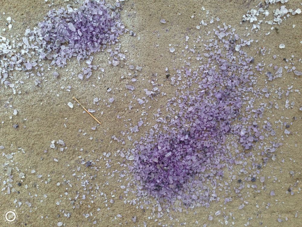 Close up of the crystaline salt-like substance, which caught my eye becuase it was purplish