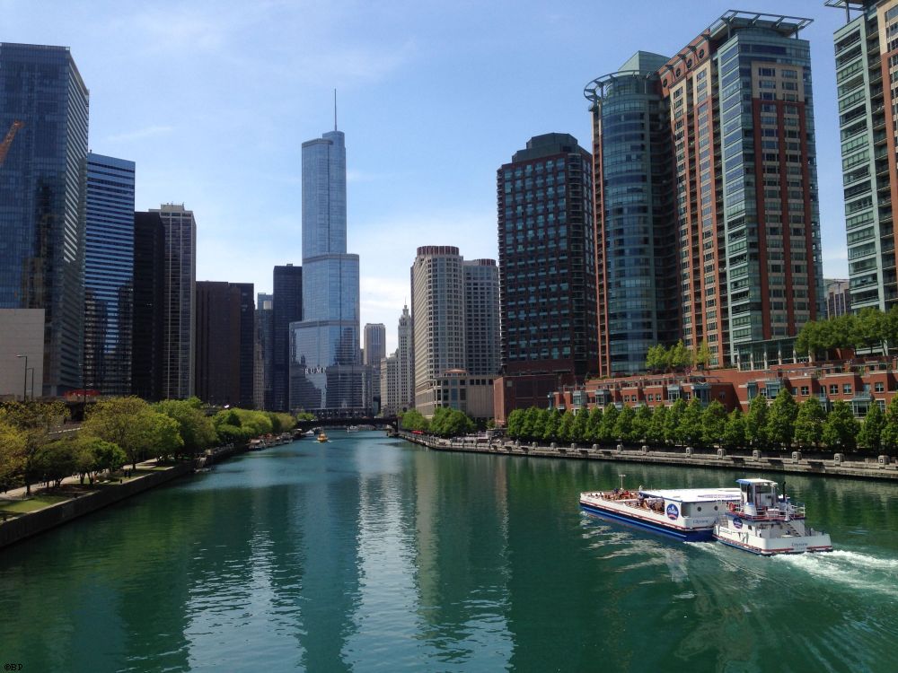 The Lake Shore Drive Bridge looking West on a Summer day down, or is it up, the Chicago River