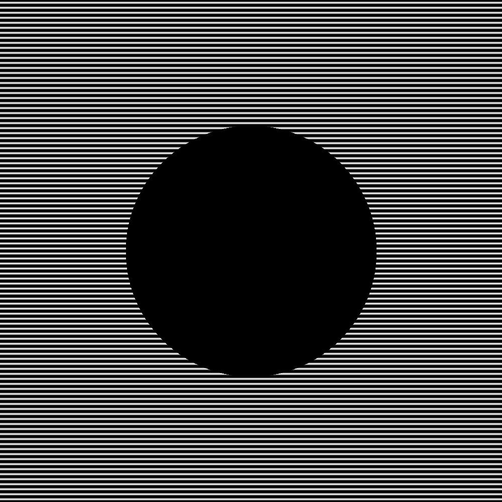 One Giant Black Circle settled over a background of horizontal stripes