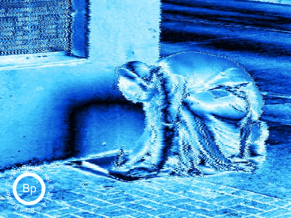 Street Monk Writing on Ground Done in Science Fiction Blue Shift Effect