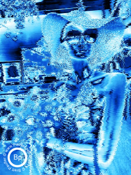 Lovely Lady in Beach Hat and Sunglasses Holding Flowers Done in Science Fiction Blue Shift Effect