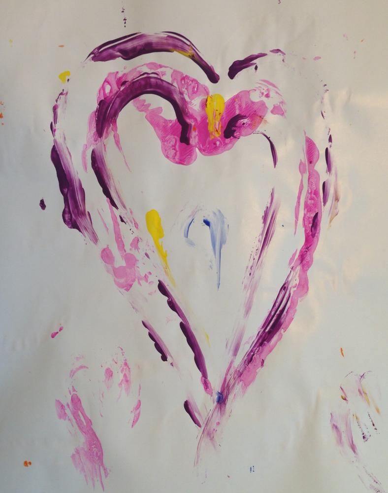 A single finger paint heart, double lined, sort of, pinkish, with pleasing intermixed colours, of course, there is not a lot of discrimination, I did these things once and lived with the result